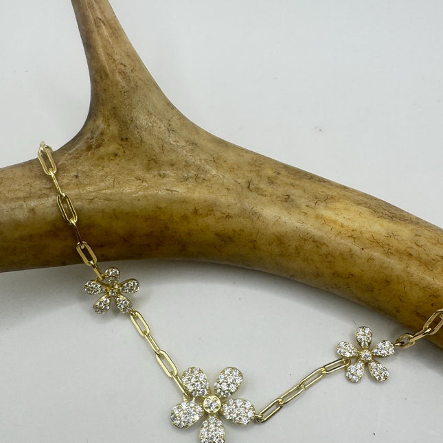 Vintage Filigree Flower Bracelet:Golden 925 Sterling Silver Chain, 7.25 Inches