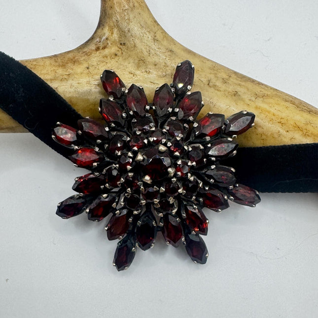 Vintage Bohemian Garnet Brooch Choker 925 Sterling Silver Pin