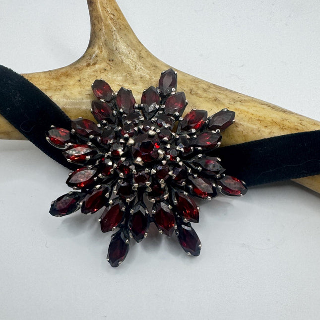 Vintage Bohemian Garnet Brooch Choker 925 Sterling Silver Pin