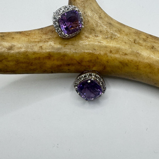 Vintage Amethyst Earrings: 925 Sterling Silver, White sapphire Studs