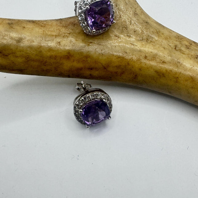 Vintage Amethyst Earrings: 925 Sterling Silver, White sapphire Studs