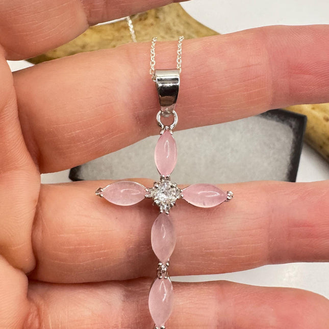 Vintage Pink Rose Quartz Cross 925 Sterling Silver Necklace