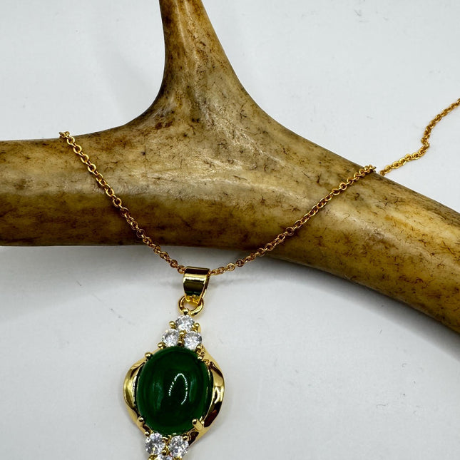 Vintage Green Jade Deco Choker Necklace - Golden Bronze