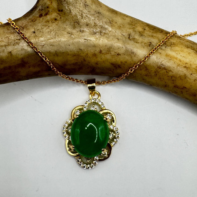 Vintage Green Jade Deco Choker Necklace - Golden Bronze