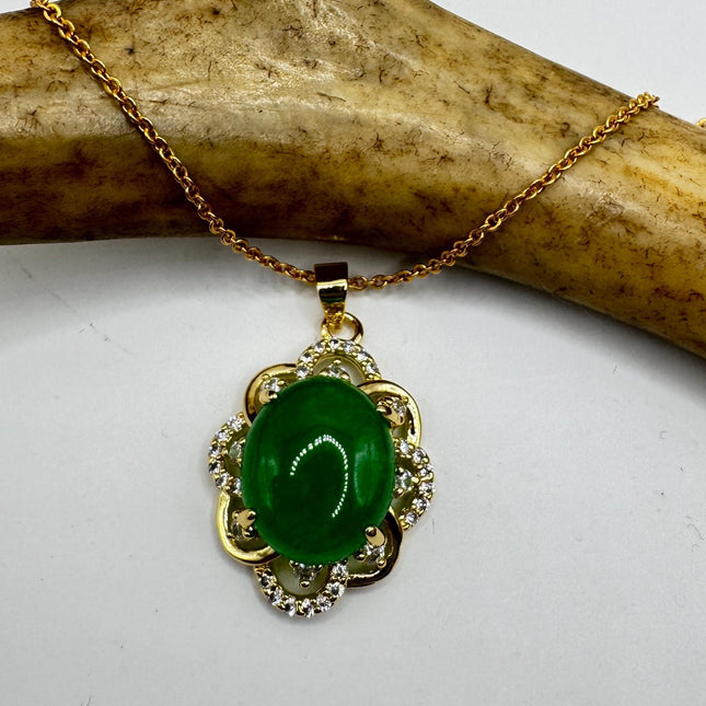 Vintage Green Jade Deco Choker Necklace - Golden Bronze