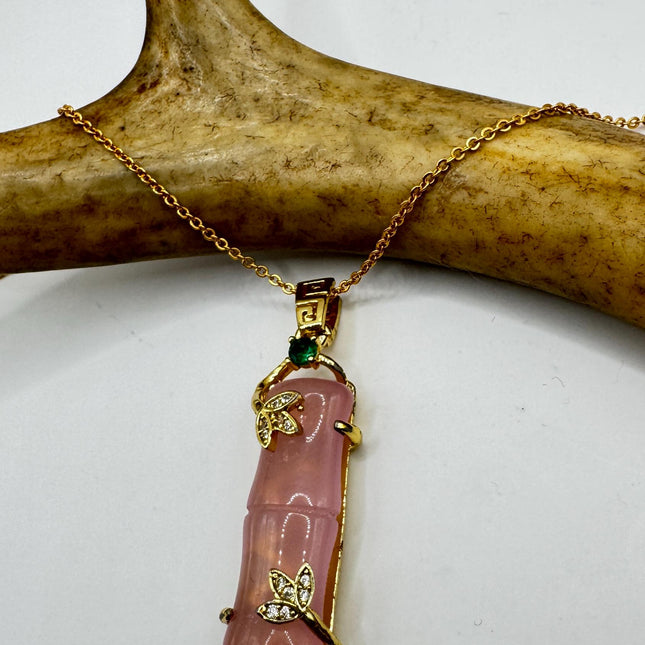 Vintage Pink Rose Quartz Boho Gold Filled Necklace