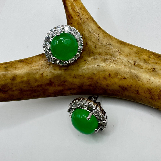 Vintage Silver Green Jade Lucky Stud Earrings - Bronze Casting
