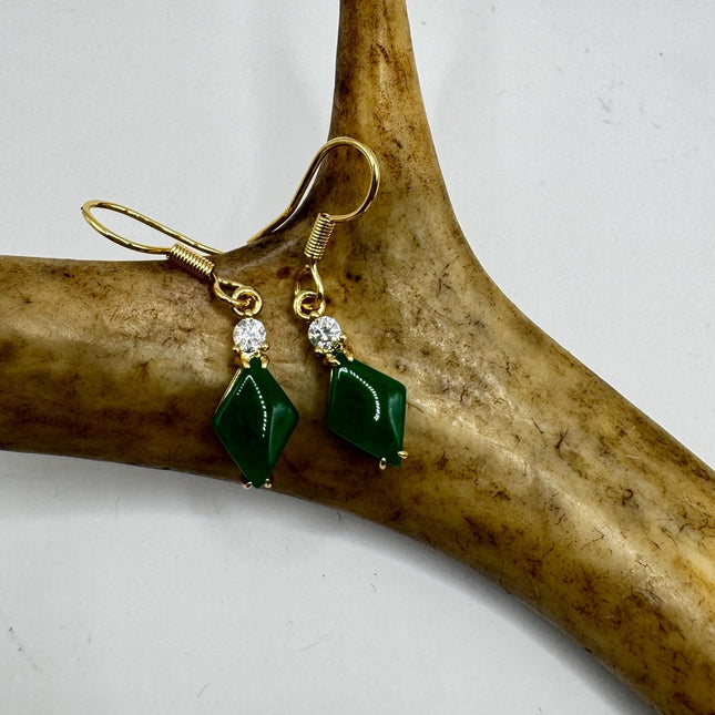Vintage Green Jade Dangle Lucky Gold Earrings