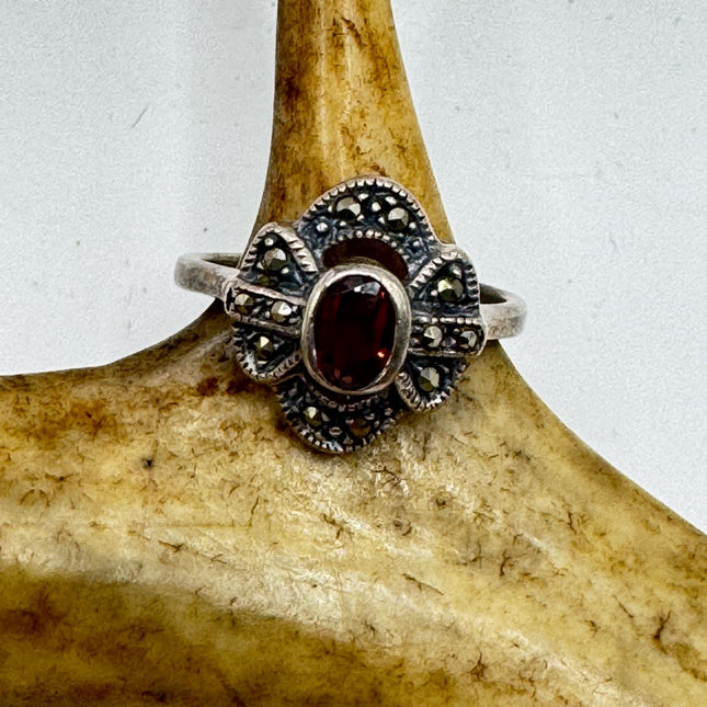 Vintage Marcasite Garnet Ring (Sterling Silver, Size 7)