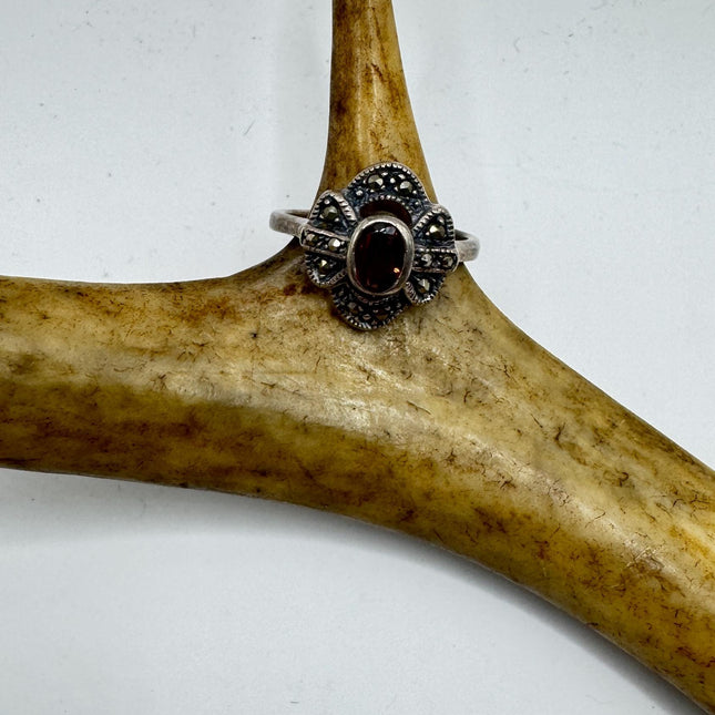 Vintage Marcasite Garnet Ring (Sterling Silver, Size 7)