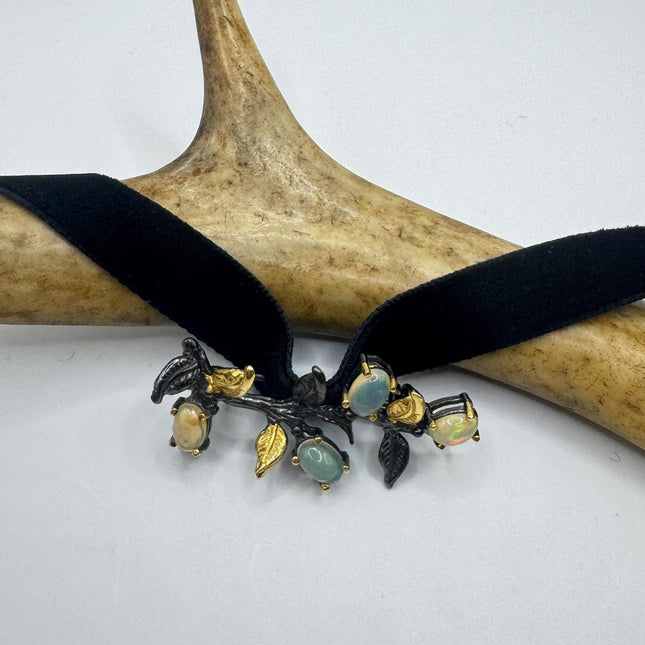 Vintage White Opal Pin Brooch: 925 Sterling Silver Velvet Choker