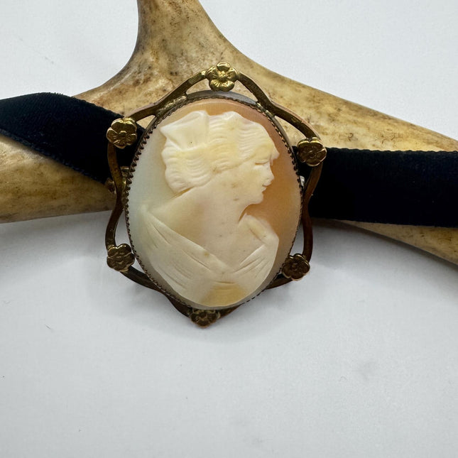 Vintage Carved Shell Cameo Brooch Pin: Gold Filled, Black Velvet Choker