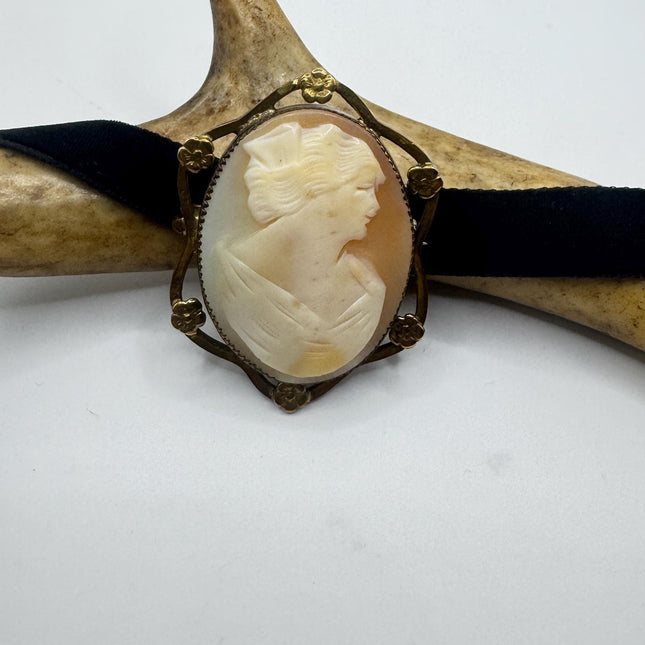 Vintage Carved Shell Cameo Brooch Pin: Gold Filled, Black Velvet Choker