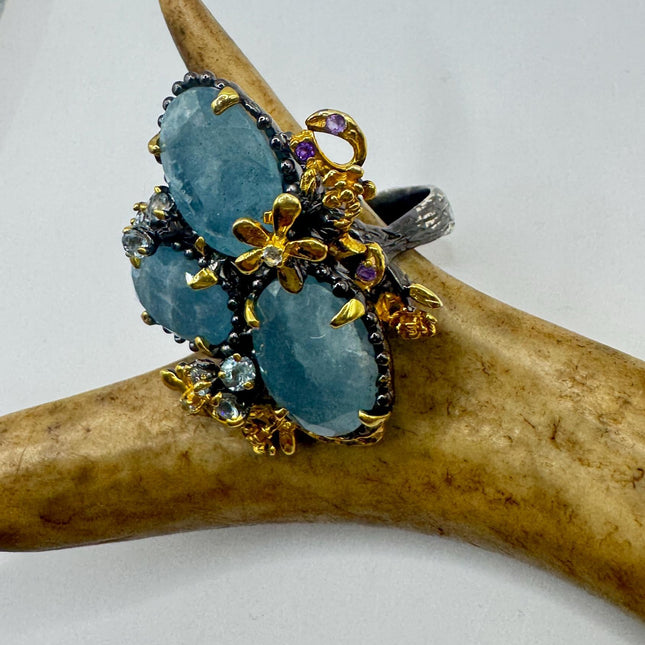 Vintage 925 Sterling Silver Cocktail Ring: Aquamarine Amethyst blue topaz