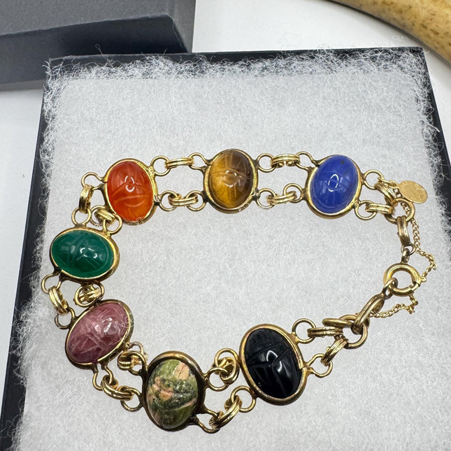 Vintage Mixed Agate Gemstone Scarab Station Bracelet | Gold Filled setting Stacking Layered Birthstone