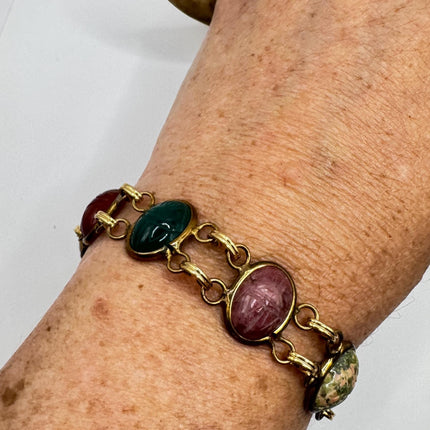 Vintage Mixed Agate Gemstone Scarab Station Bracelet | Gold Filled setting Stacking Layered Birthstone