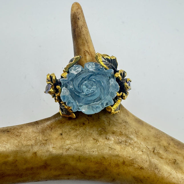 Vintage 925 Sterling Silver Cocktail Ring: Aquamarine Rose with blue topaz