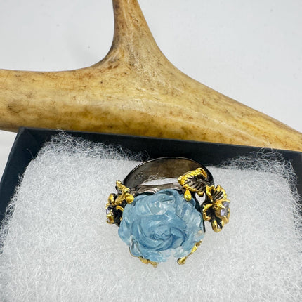 Vintage 925 Sterling Silver Cocktail Ring: Aquamarine Rose with blue topaz