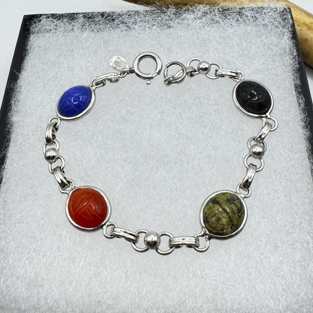Vintage Mixed Agate Gemstone Scarab Station Bracelet | Set in white Gold Fill Silver | Stacking Layered Birthstone