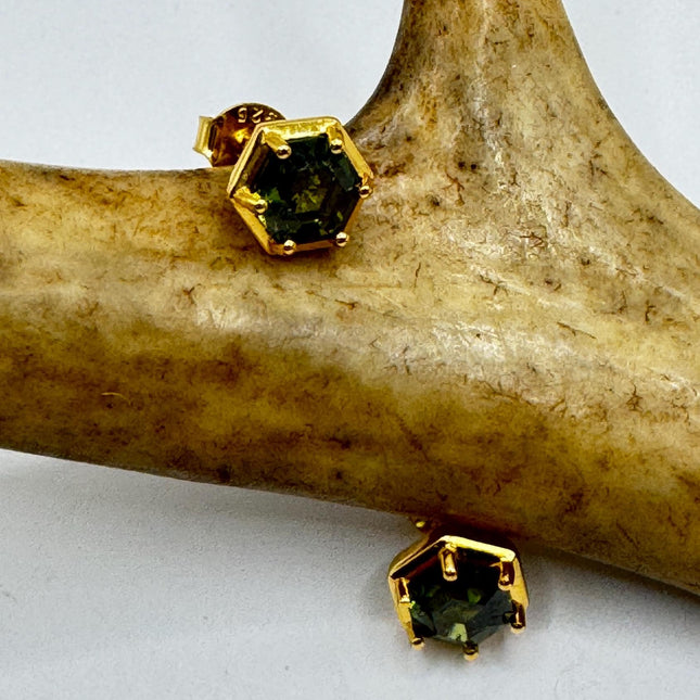 Vintage Peridot Stud Earrings: Gold 925 Sterling Silver Button