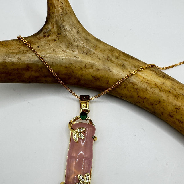 Vintage Pink Rose Quartz Boho Gold Filled Necklace