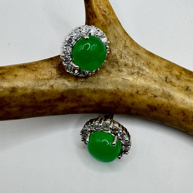 Vintage Silver Green Jade Lucky Stud Earrings - Bronze Casting