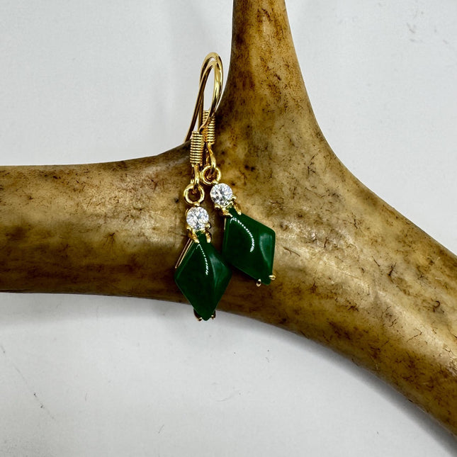 Vintage Green Jade Dangle Lucky Gold Earrings