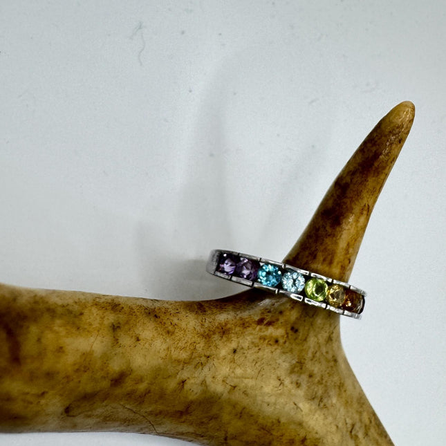 Vintage Rainbow Gemstone Stackable Eternity Ring in 925 Sterling Silver - Engagement Wedding Promise