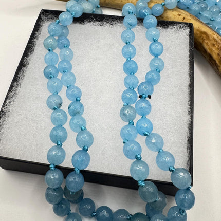 Vintage Blue Facetted Chalcedony Beaded Necklace: Gemstone Jumprope Style, 56 inch