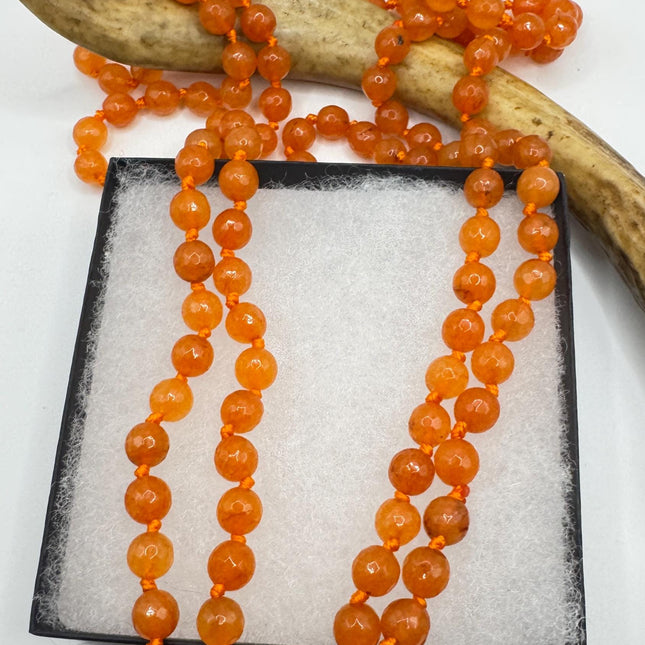Vintage Orange Facetted Carnelian Beaded Necklace: Gemstone Jumprope Style, 56 inch