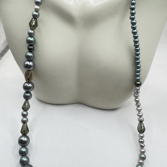 Vintage Black and Grey Pearl Long Beaded Necklace: 36 Inch
