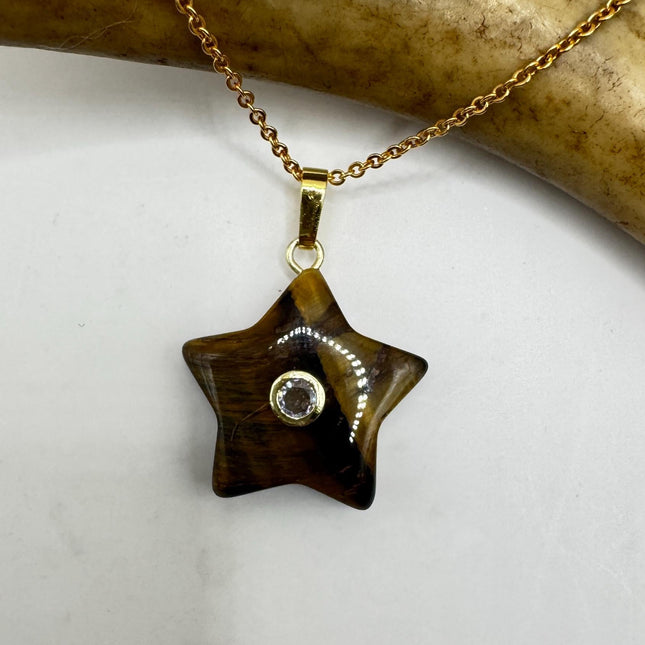 Vintage Tigers Eye Star Necklace: Dainty Gold Filled Chain