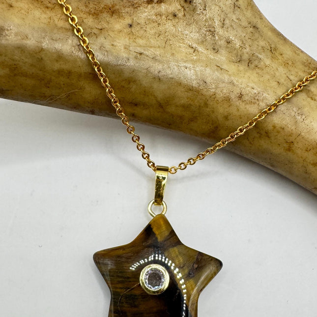 Vintage Tigers Eye Star Necklace: Dainty Gold Filled Chain