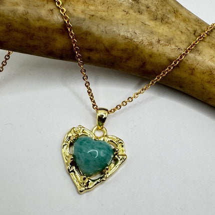 Heart Pendant Necklace: Vintage Gold Filled - Green Amazonite Charm