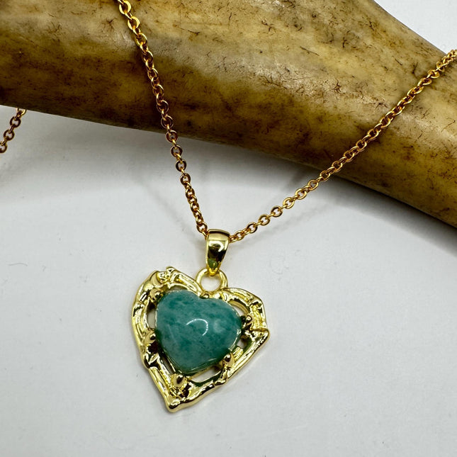 Heart Pendant Necklace: Vintage Gold Filled - Green Amazonite Charm
