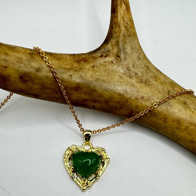 Vintage Green Jade Gold Filled Heart Necklace