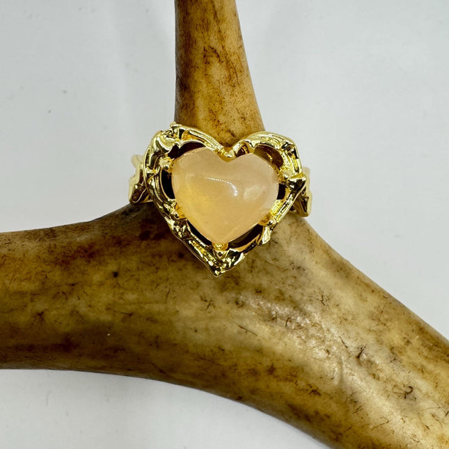 Vintage Ring: Rose Quartz Heart, Boho Statement Jewelry Gold Filled