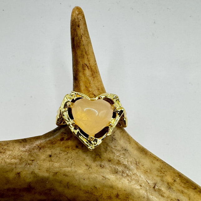Vintage Ring: Rose Quartz Heart, Boho Statement Jewelry Gold Filled