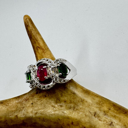 Vintage Pink Green Tourmaline Ring Band 925 Sterling Silver
