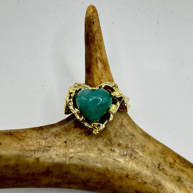 Vintage Green Amazonite Ring, Heart Stone Chunky Cocktail (Resizing Available)