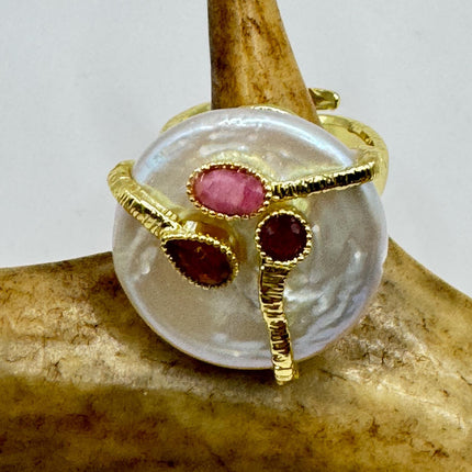 Vintage Pearl Ring: Golden 925 Sterling Silver Adjustable Band