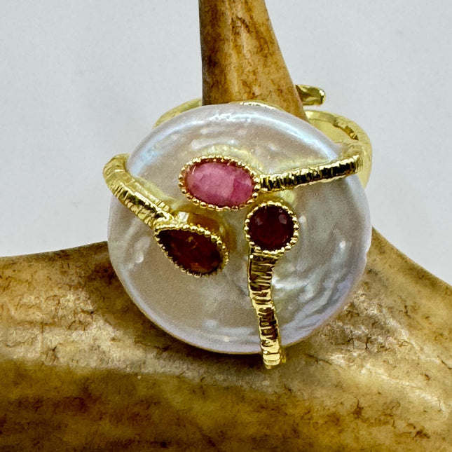 Vintage Pearl Ring: Golden 925 Sterling Silver Adjustable Band