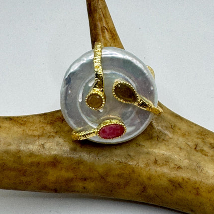 Vintage Pearl Ring: Golden 925 Sterling Silver Adjustable Band