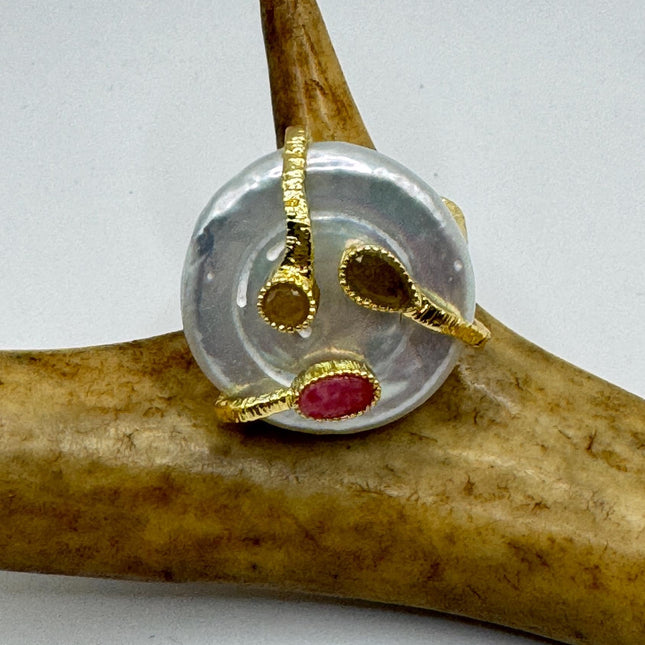 Vintage Pearl Ring: Golden 925 Sterling Silver Adjustable Band