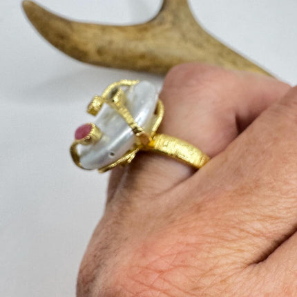 Vintage Pearl Ring: Golden 925 Sterling Silver Adjustable Band