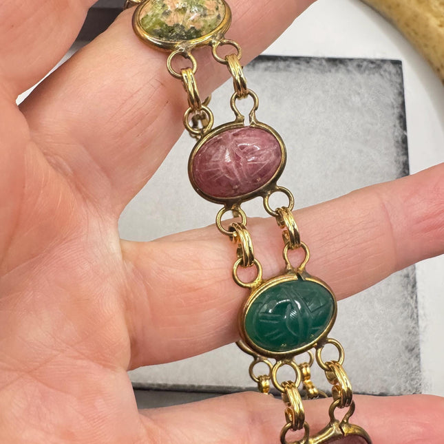 Vintage Mixed Agate Gemstone Scarab Station Bracelet | Gold Filled setting Stacking Layered Birthstone