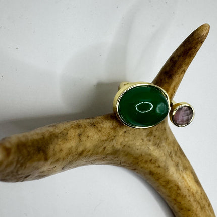 Vintage Golden Green Jade Amethyst Lucky Cocktail Ring Adjustable