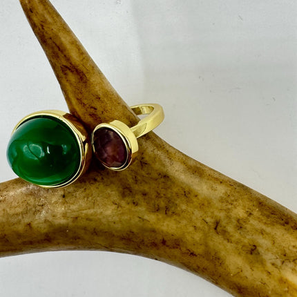 Vintage Golden Green Jade Amethyst Lucky Cocktail Ring Adjustable