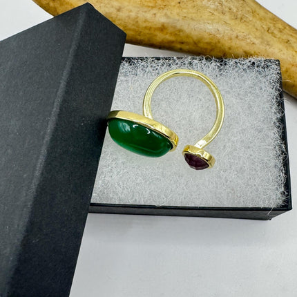 Vintage Golden Green Jade Amethyst Lucky Cocktail Ring Adjustable