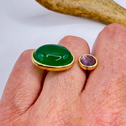 Vintage Golden Green Jade Amethyst Lucky Cocktail Ring Adjustable